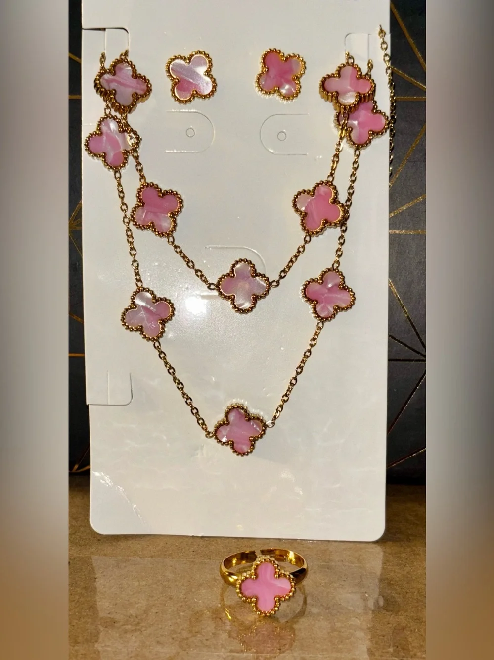 4 piece Set Pink Clover Motif Gold Necklace - Women's Fashion Jewelry